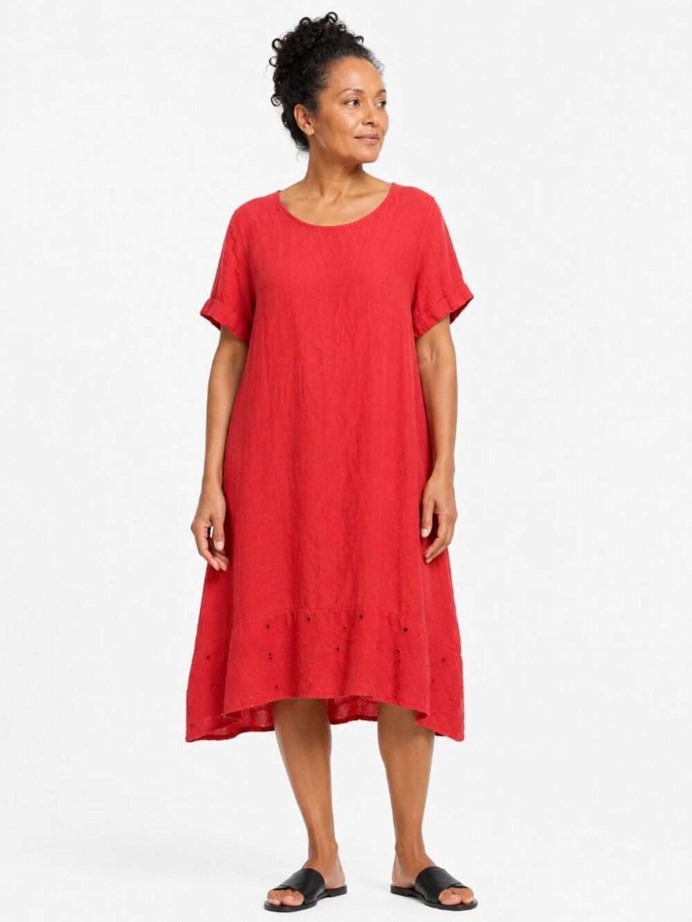 Rosemarine Italy 100% Linen Red Midi Dress Eyelet Hem Short Sleeve Size L